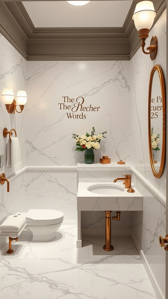 A luxurious bathroom featuring marble countertops and copper fixtures.