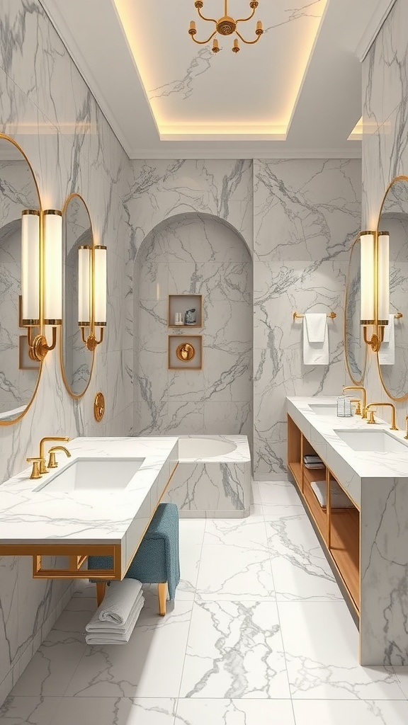 Luxurious marble bathroom with elegant fixtures and warm wooden accents.