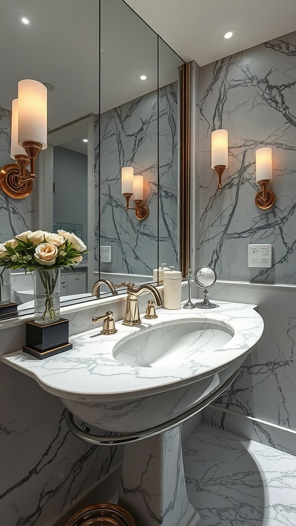 A luxurious bathroom featuring a marble sink, gold fixtures, and elegant lighting.