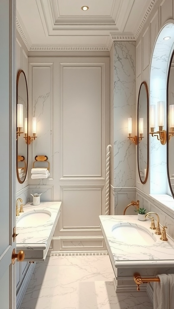 Luxurious bathroom with marble countertops, elegant mirrors, and gold fixtures