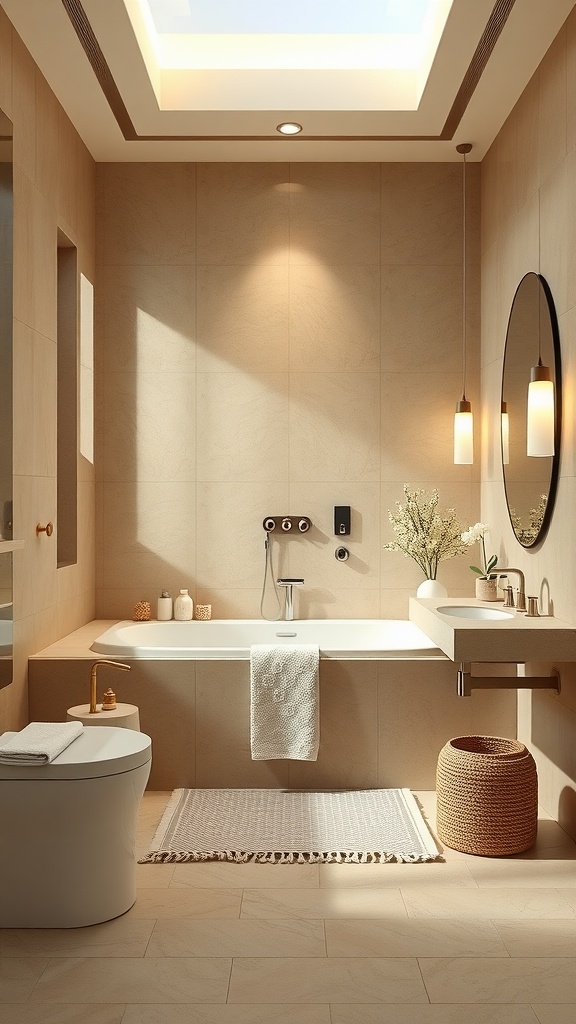 A luxurious beige bathroom featuring a freestanding bathtub, modern fixtures, and natural light.