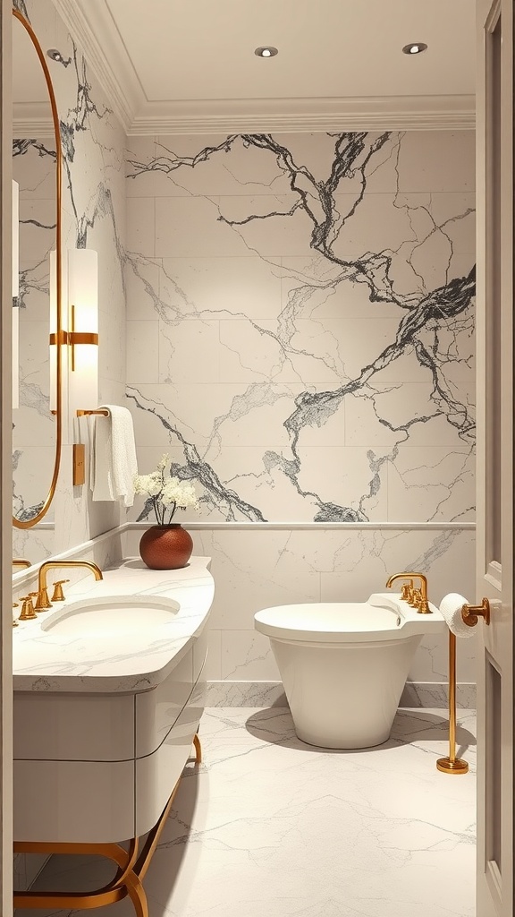 A luxurious bathroom featuring marble walls, gold fixtures, and modern design elements.