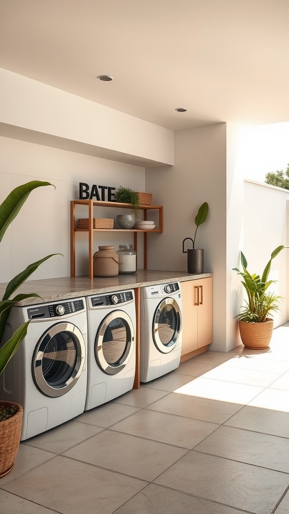 A modern outdoor laundry room featuring sleek washing machines, a light-colored countertop, open shelves with plants and decorative items.