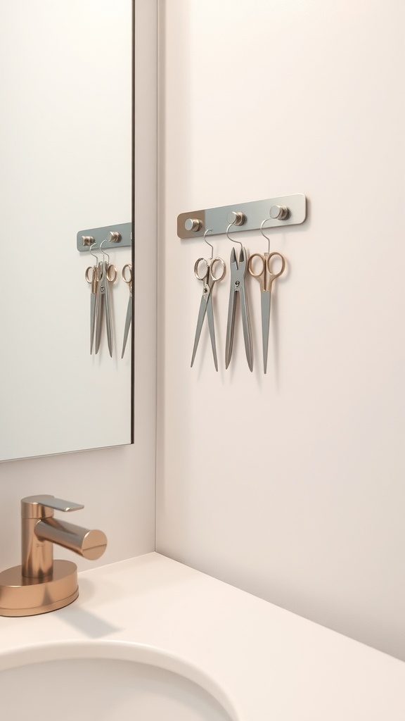 A bathroom with a wall-mounted magnetic strip holding small metal tools like scissors and tweezers, beside a sink and mirror.