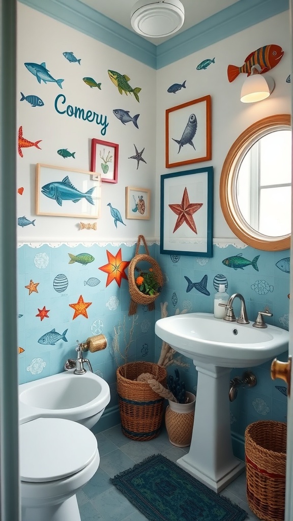 A coastal-themed bathroom featuring colorful marine life motifs on the walls, with framed pictures and natural decor.
