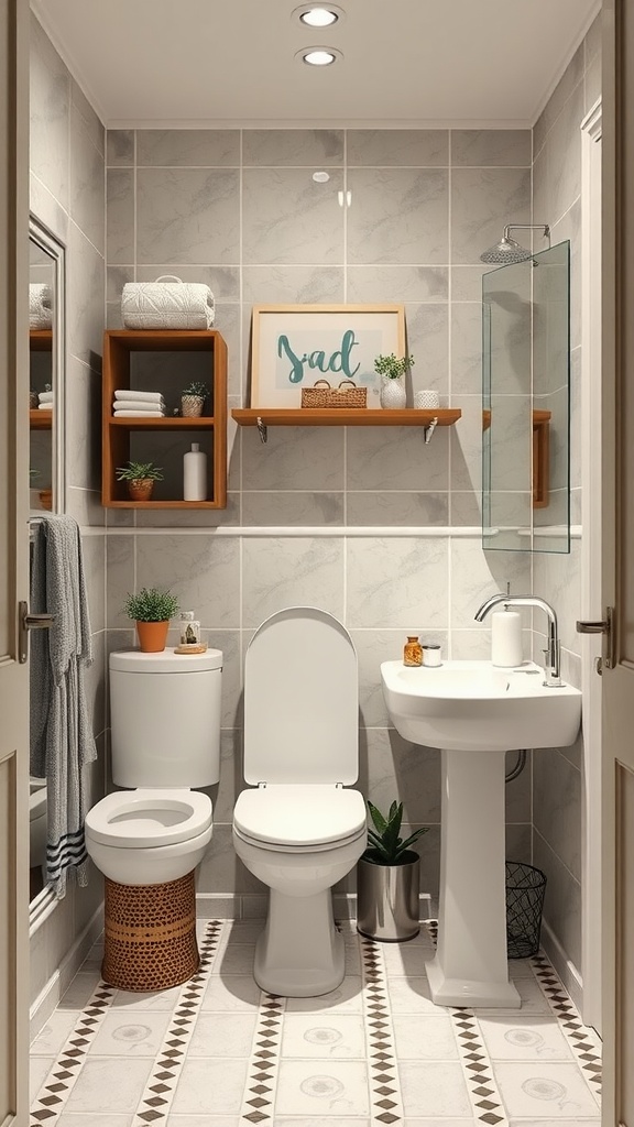A compact bathroom featuring modern fixtures, wall-mounted shelves, and a light color scheme.