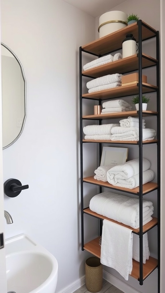 A modern vertical shelving unit in a small bathroom displaying neatly stacked towels and decorative items.