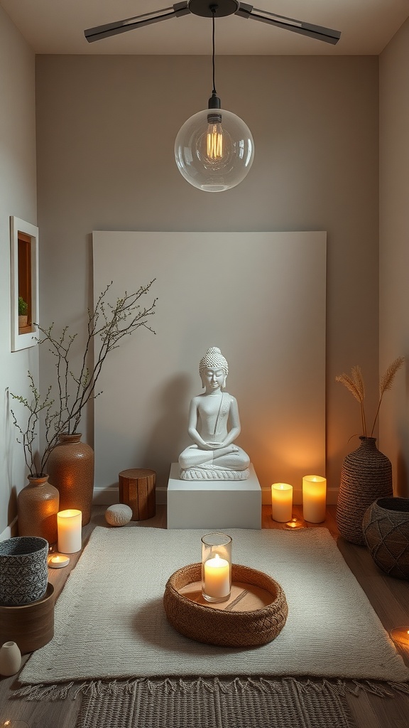 A calming meditative space for facial treatments with candles, a Buddha statue, and soft textures.