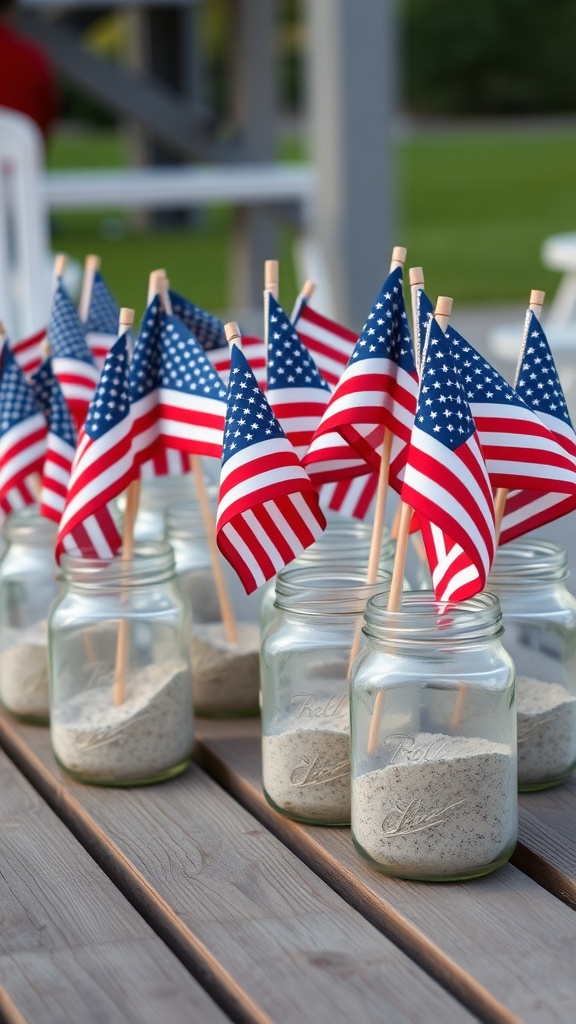 Mini American flags placed in mason jars filled with sand, arranged on a table.