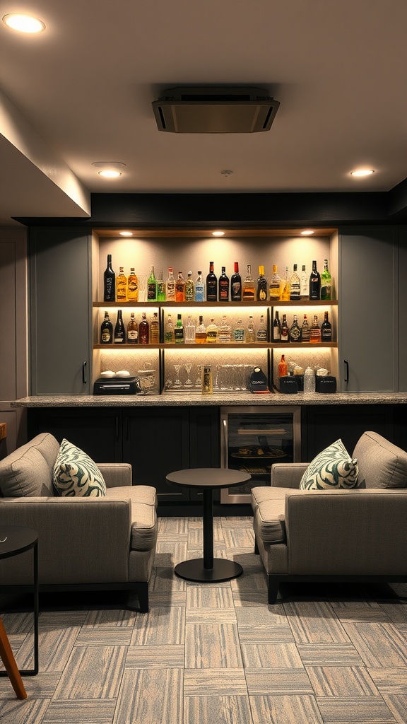 A stylish mini bar with a variety of drinks and comfortable seating in a basement game room.