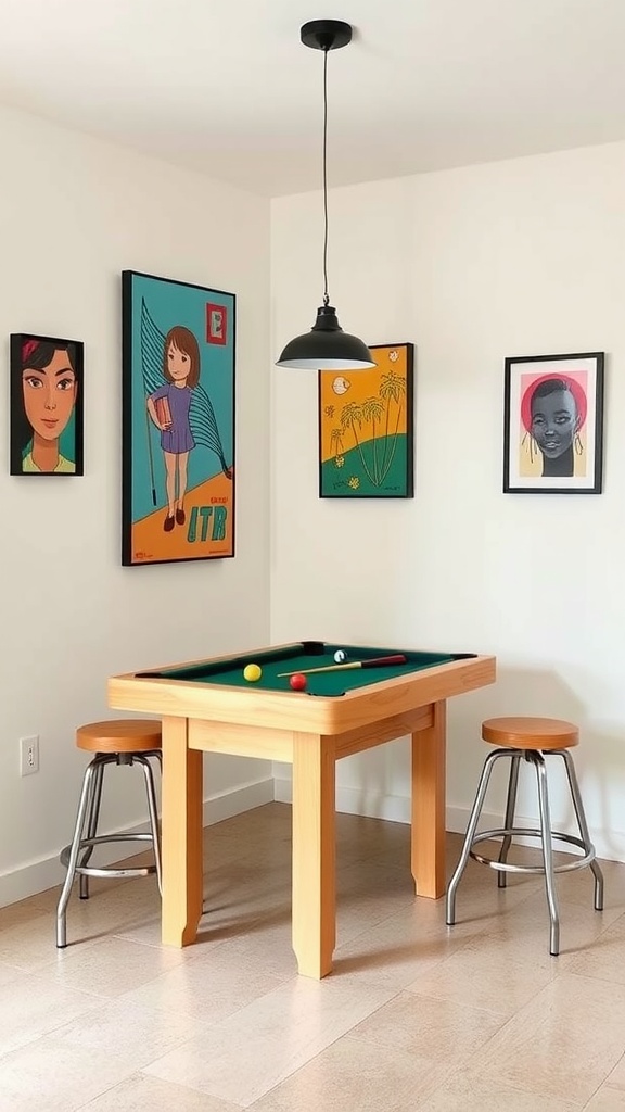 A small game room featuring a miniature pool table and colorful artwork on the walls
