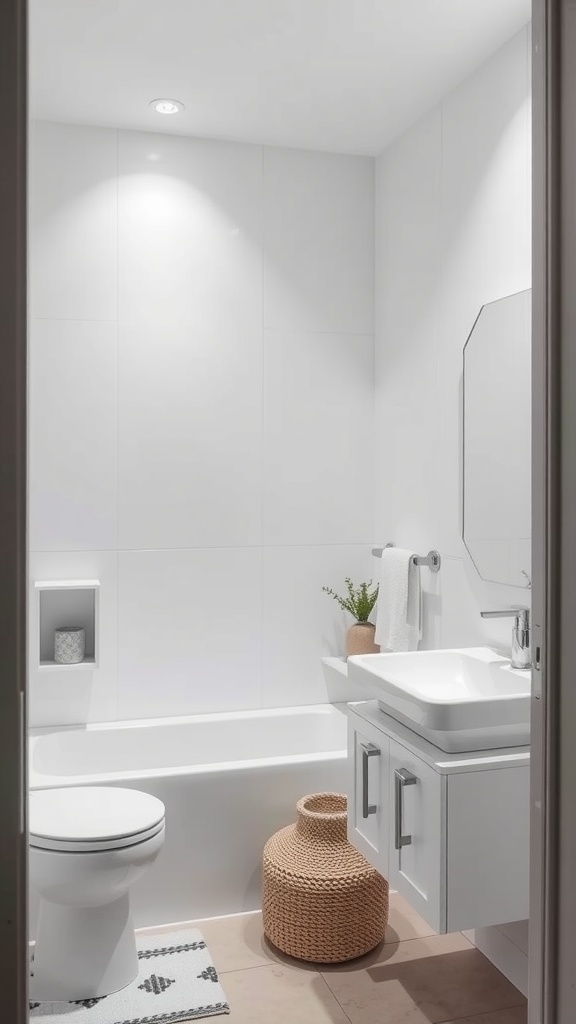 Minimalist bathroom with clean lines, featuring white tiles, a modern sink, and a woven basket.