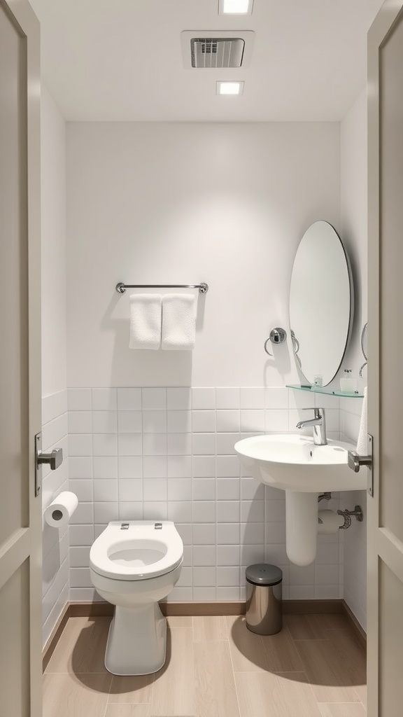 A minimalist dorm bathroom featuring a sleek sink, modern toilet, and simple accessories.
