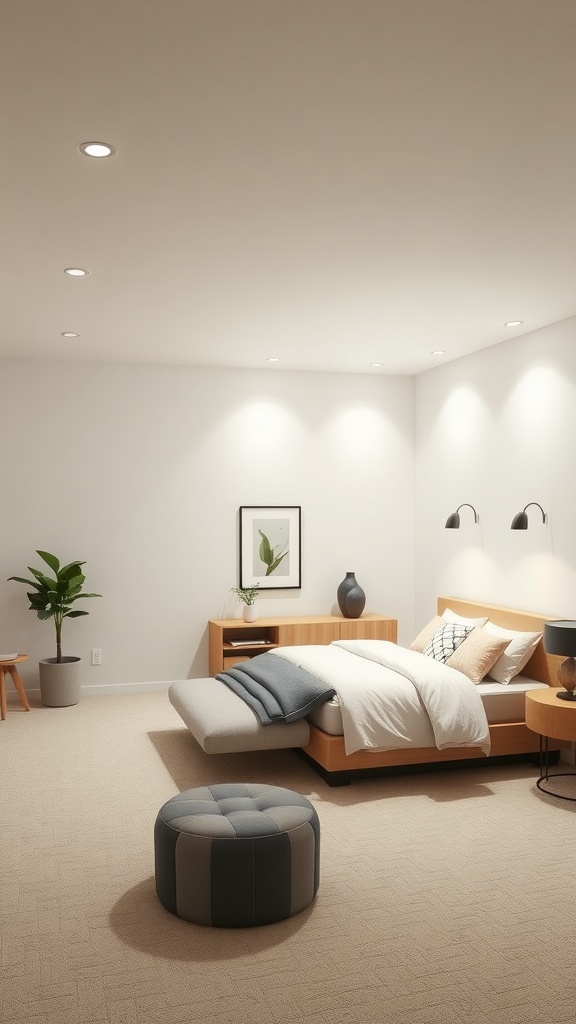 A minimalist basement bedroom featuring a simple bed, a cozy ottoman, and a potted plant.