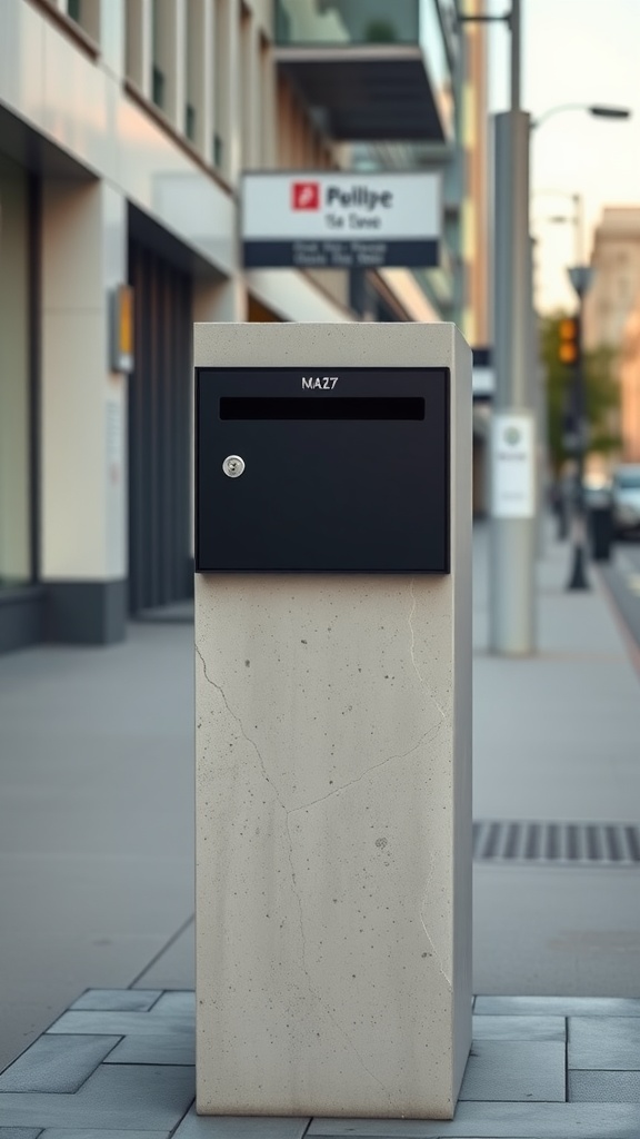 A minimalist concrete mailbox post with a black mailbox, set in an urban environment.