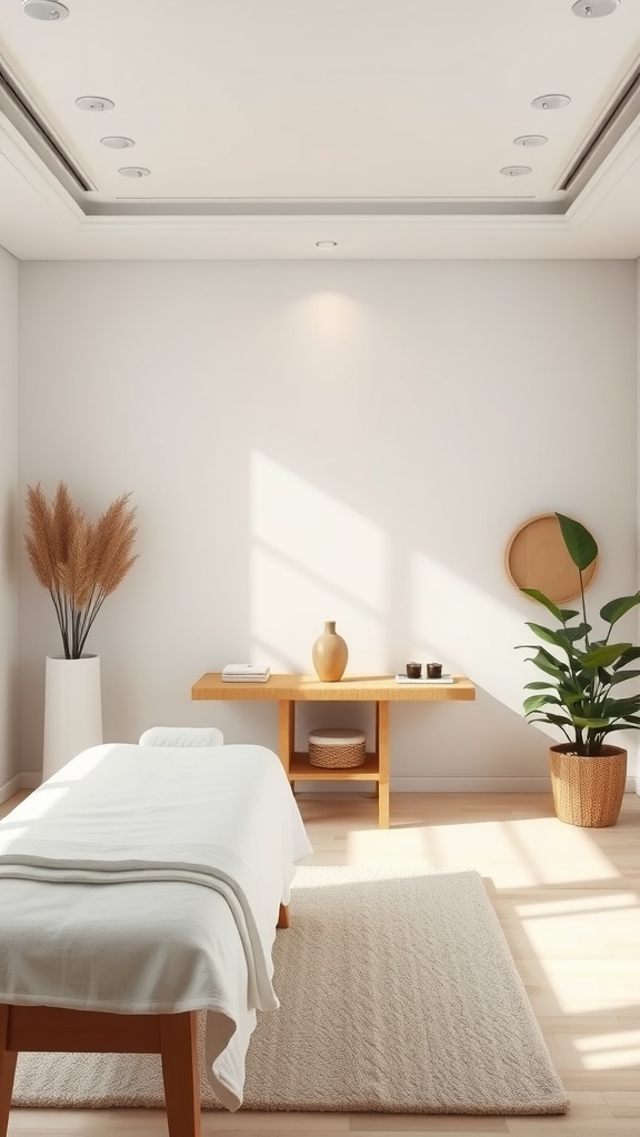 A minimalist massage room with a massage table, wooden furniture, and potted plants, showcasing a serene and clutter-free environment.