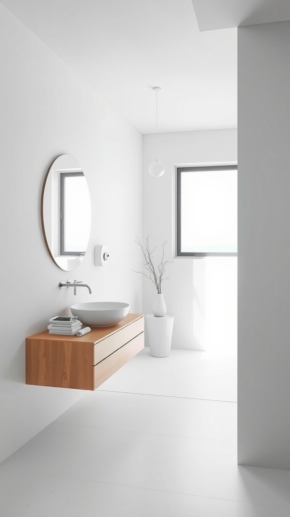 A minimalist floating vanity in a bright bathroom with a round mirror and natural decor.