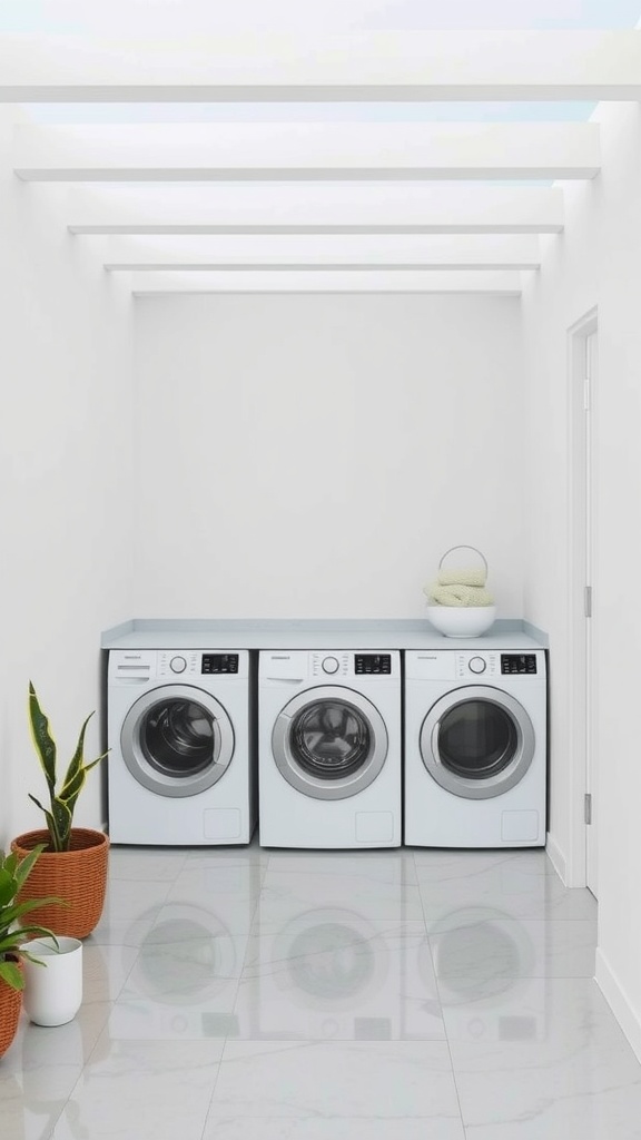 Minimalist outdoor laundry room with white appliances and plants