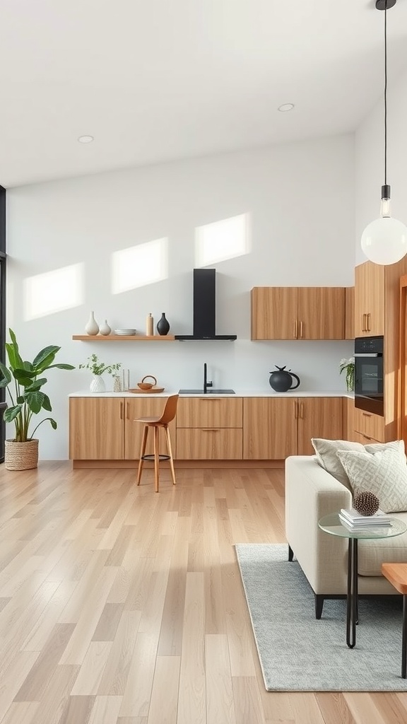 A modern kitchen featuring minimalist oak cabinets and an open concept design, with natural light flowing in.