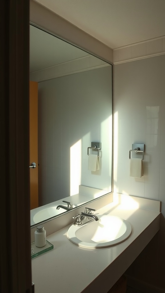 A bright dorm bathroom with a large mirror reflecting light.