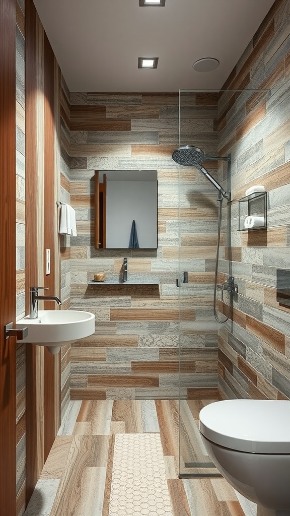 A modern bathroom featuring wooden panels and stone-like tiles, with a glass shower enclosure and stylish fixtures.