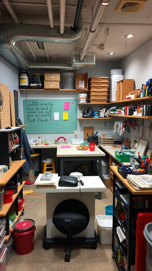 A modern craft room in a small basement with tables, shelves, and a chalkboard wall.