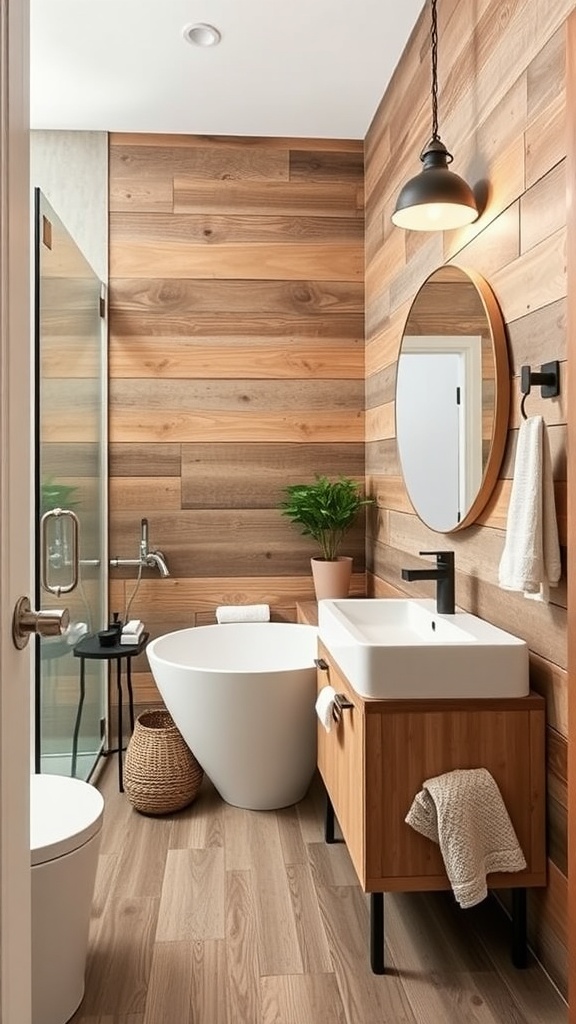 Modern farmhouse bathroom with wood-paneled walls, freestanding tub, and sleek vanity.