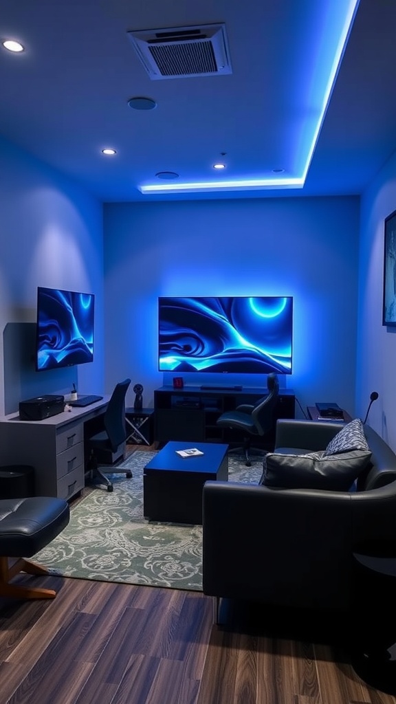 Modern game room setup with blue lighting, two screens, and comfortable furniture.