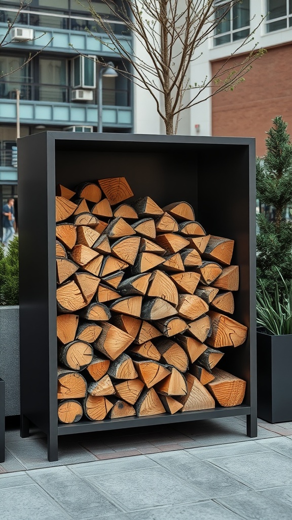 A modern metal log storage unit filled with neatly stacked firewood, set against a contemporary urban backdrop.