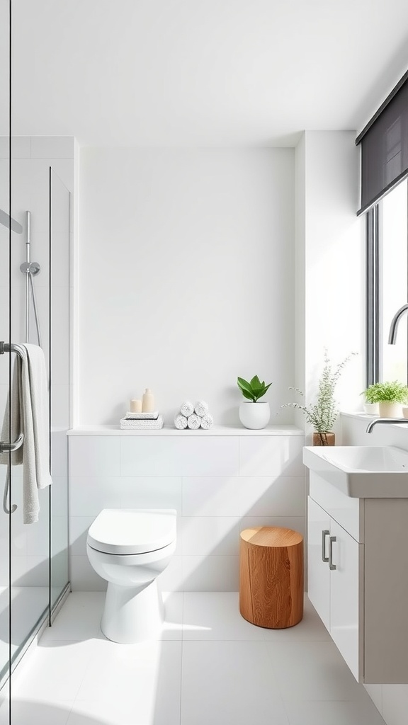 A modern minimalist bathroom featuring a white color scheme, glass shower enclosure, wooden stool, and natural light.