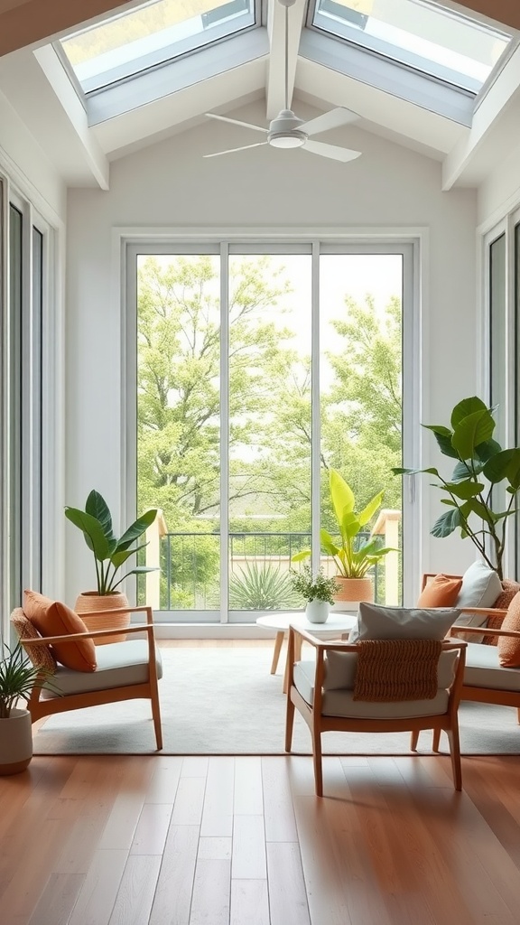 A modern minimalist sunroom featuring light wood furniture, large windows, and green plants, creating a bright and airy atmosphere.