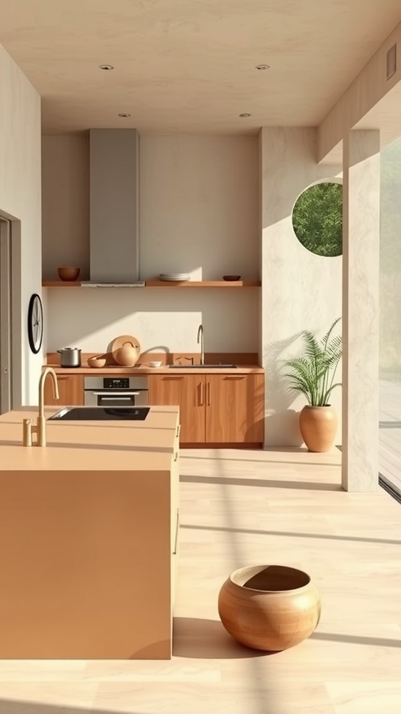 A modern minimalist mud kitchen featuring wooden cabinetry, a sleek countertop, a circular window, and natural lighting.