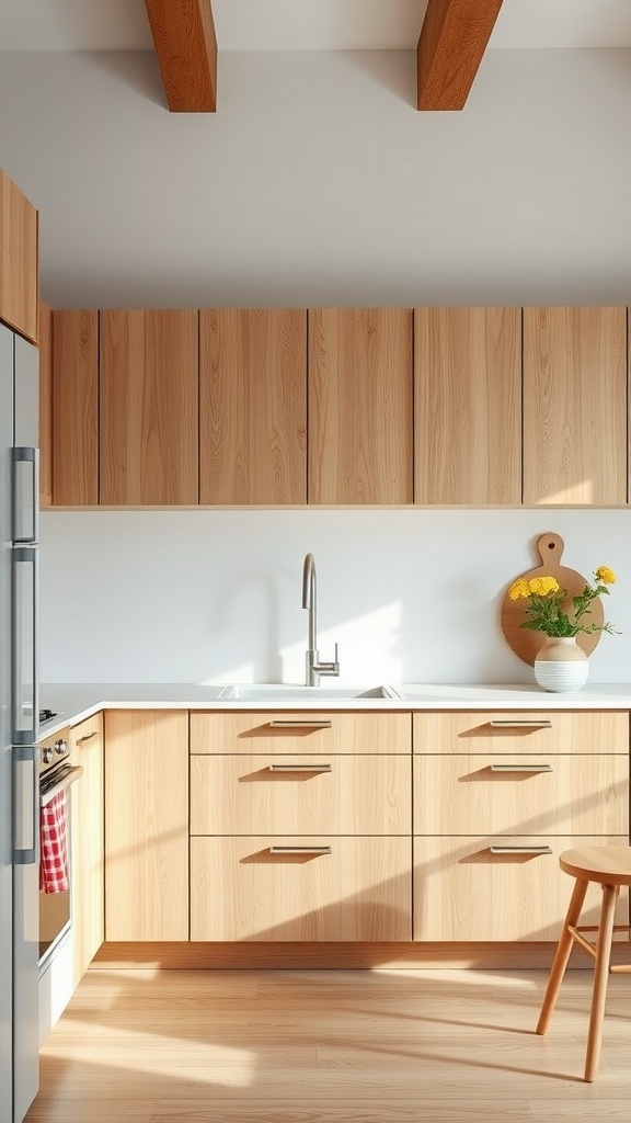 A modern Scandinavian kitchen featuring oak cabinetry, a white countertop, and natural light.