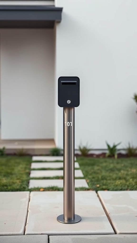 A modern steel mailbox post with a clean design and house number 101 in front of a contemporary home.