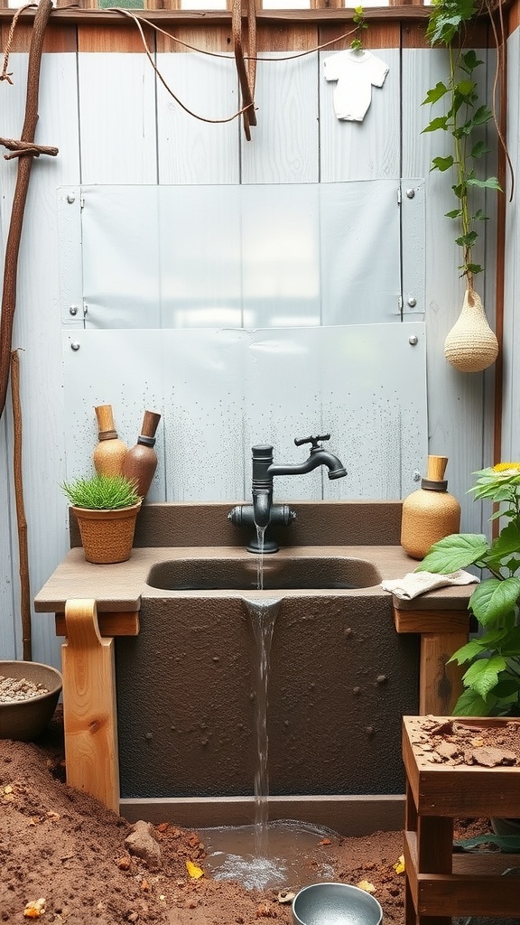 A mud kitchen with a flowing water feature, surrounded by earth and plants.