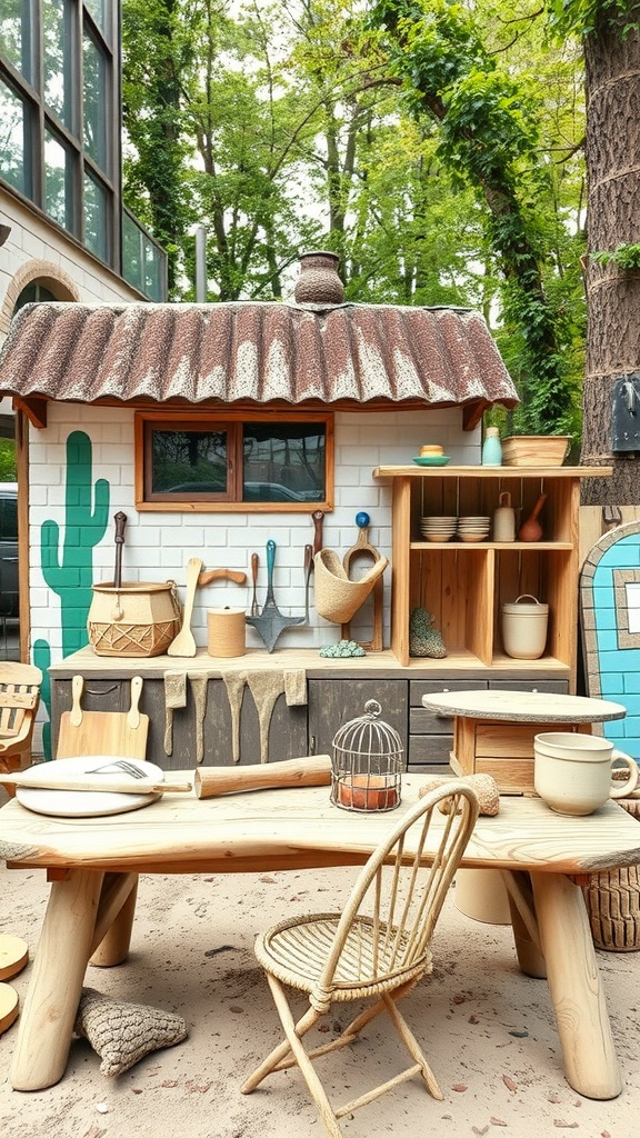 A mud kitchen featuring a rustic table, colorful decor, and various utensils in a green outdoor setting.