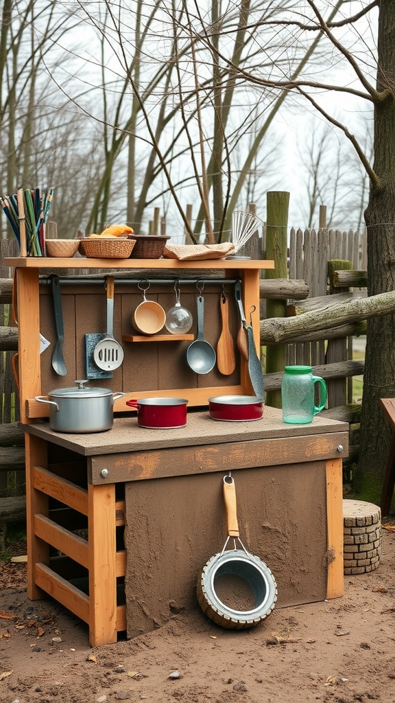 A wooden mud kitchen with various pots, utensils, and a green glass jar, set in a natural outdoor environment.
