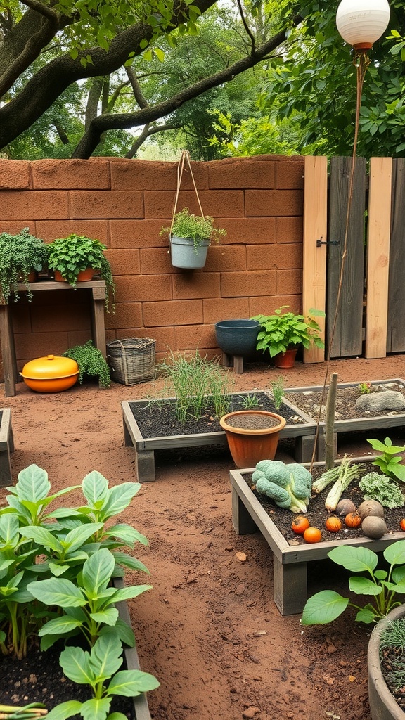 A garden area with a mud kitchen and raised beds filled with vegetables and herbs.