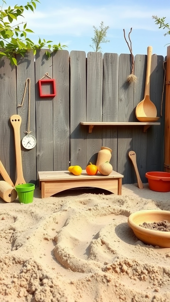A wooden mud kitchen with sensory play areas, featuring pots, utensils, and a sandy play surface.