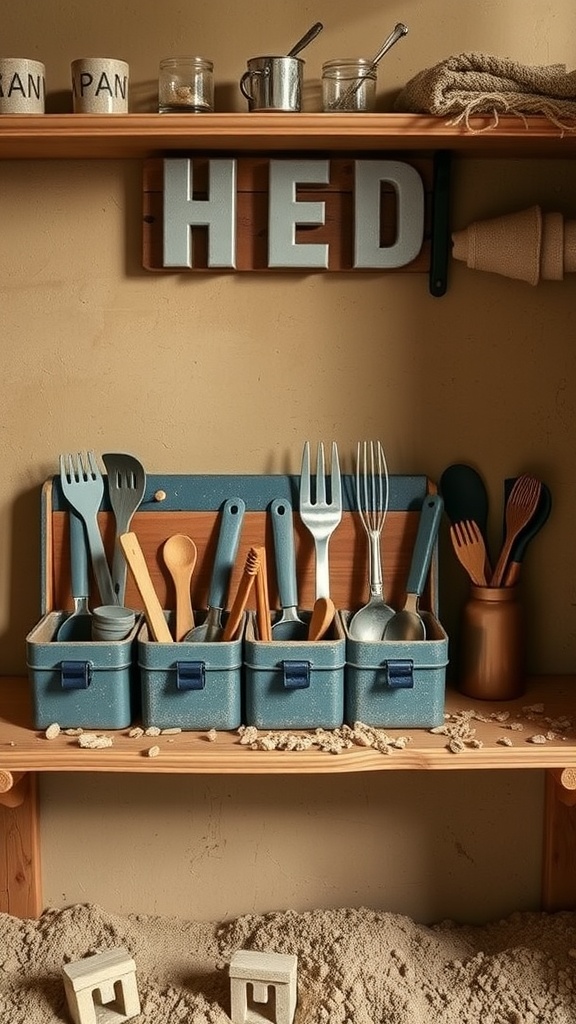 A mud kitchen with a toolbox storage filled with wooden and metal utensils on wooden shelves.