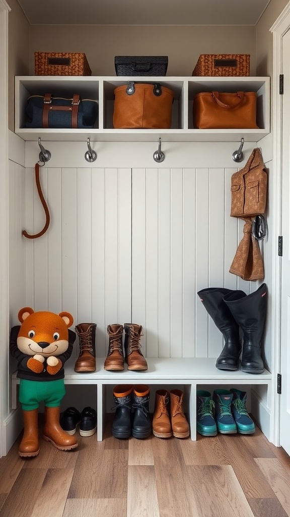 A tidy mudroom with shelves, hooks, and organized footwear, featuring a cheerful bear toy.