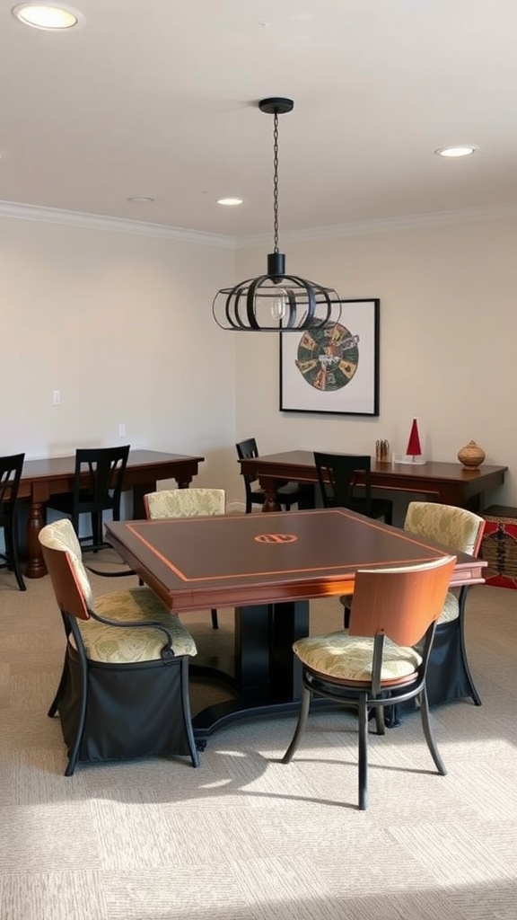A stylish game room with a multi-functional table and chairs, suitable for games or dining.