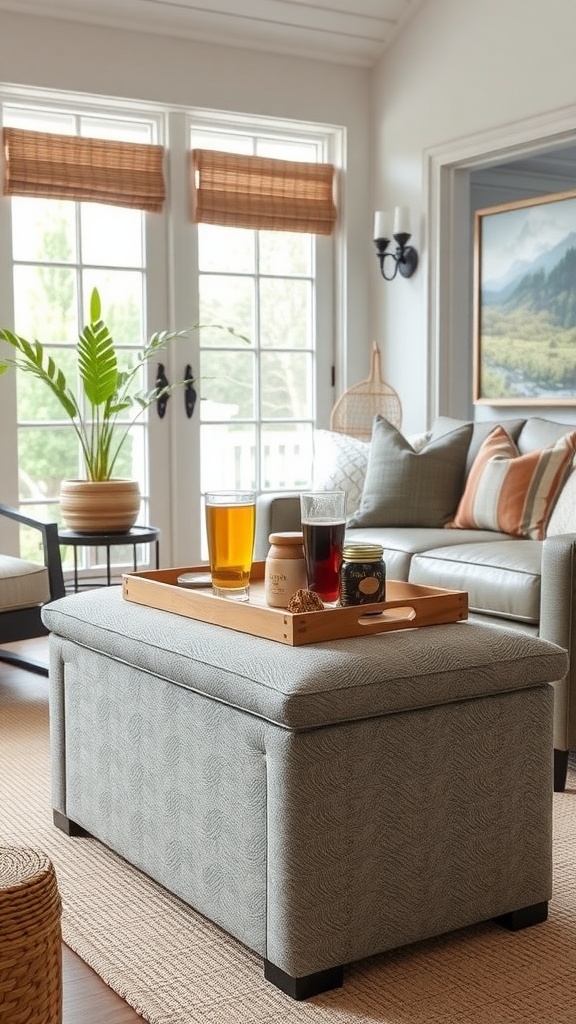 A stylish multi-functional ottoman in a sunroom, featuring a tray with drinks on top.