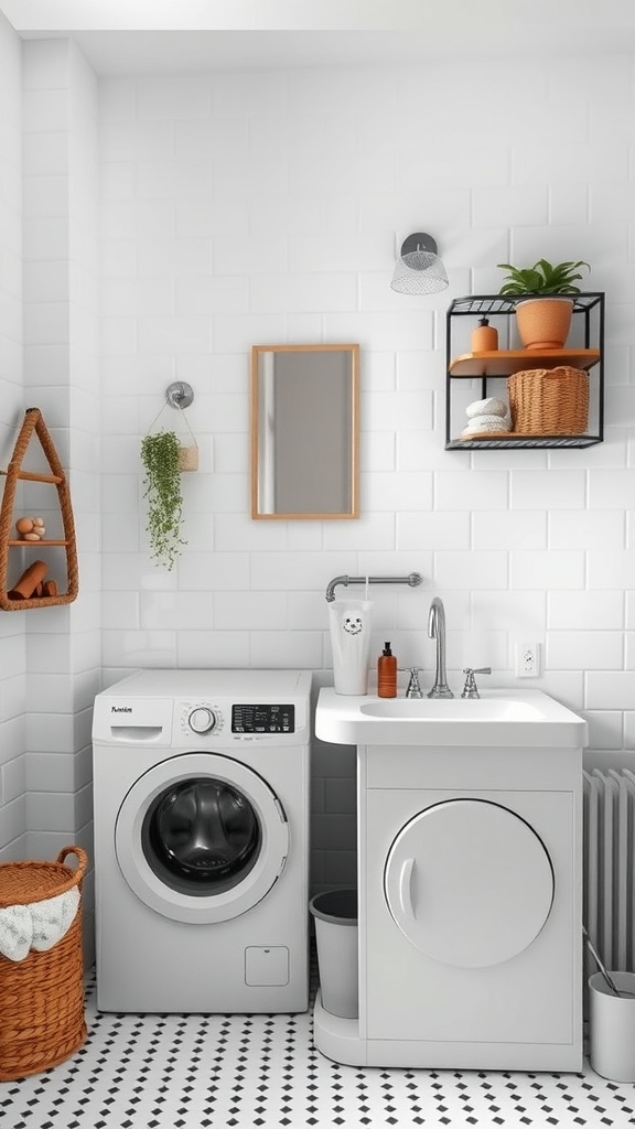 A bright bathroom laundry combo featuring a washing machine and a multi-functional sink, with organized storage above.
