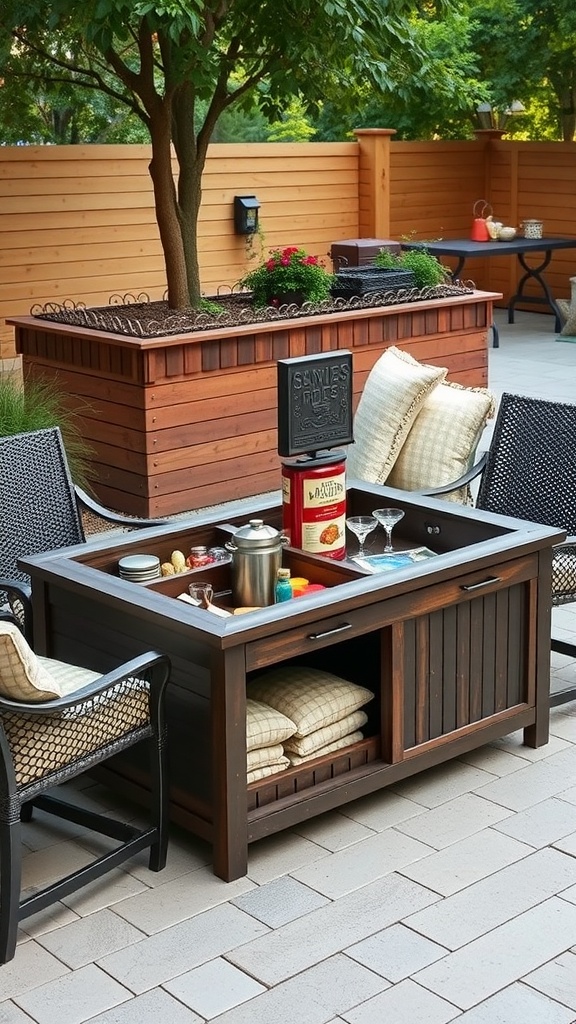 A multi-purpose wooden storage table with drinks and snacks, surrounded by outdoor chairs.