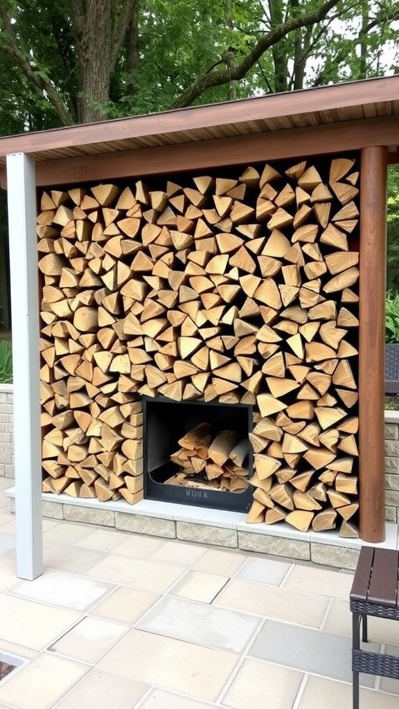Multi-tiered firewood display with neatly stacked logs and a kindling area.