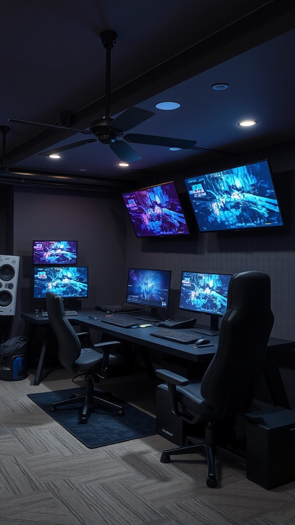 A modern multimedia gaming station with multiple monitors and ergonomic chairs