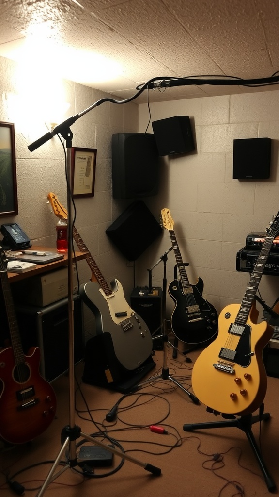 Cozy basement music space with guitars, microphone, and speakers