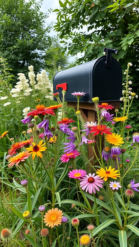 Colorful native wildflowers blooming around a black mailbox