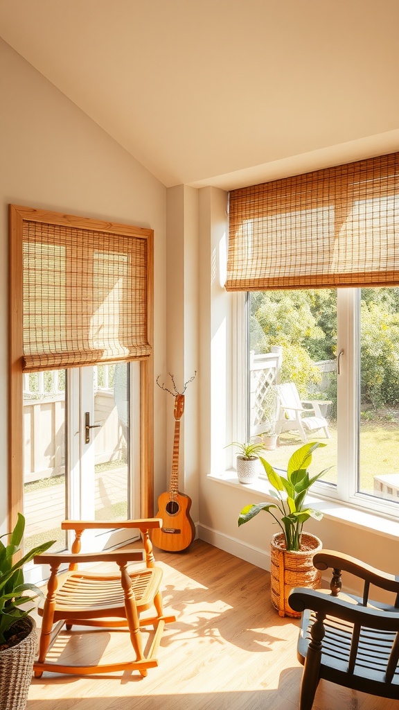 A sunroom featuring natural bamboo roller blinds, a guitar, and plants with wooden furniture.